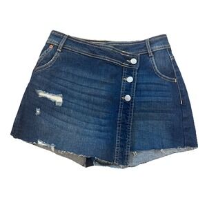 No Boundaries Womens Denim Skort Dark Wash Distressed Asymmetrical Button Size 1